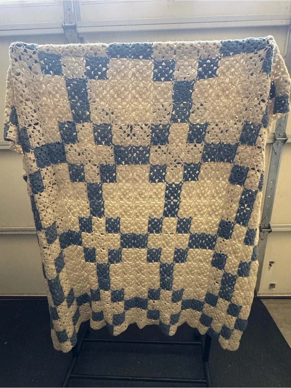 Handmade Cream and Blue Crochet Throw Blanket